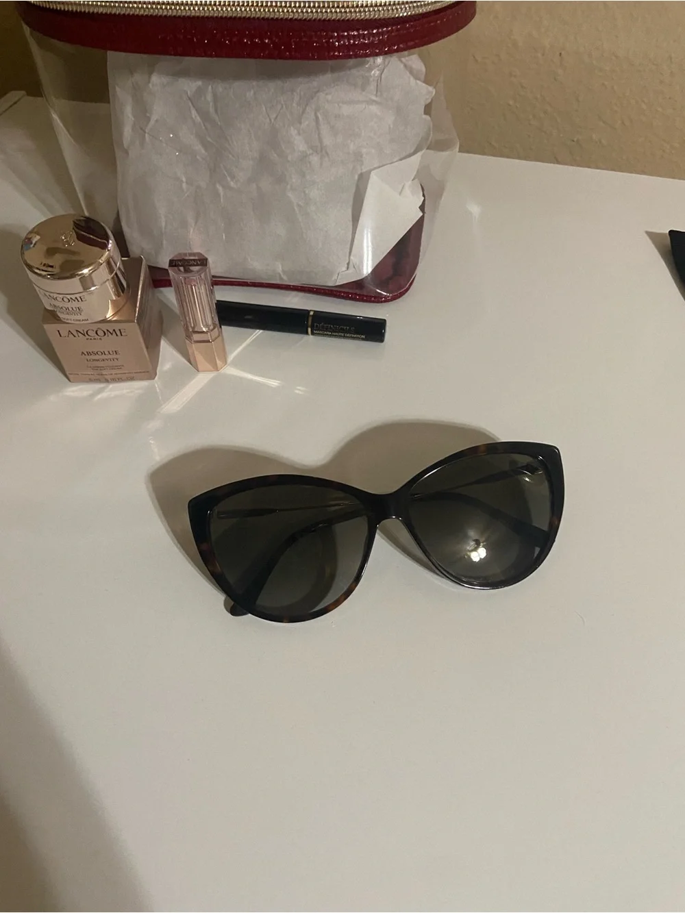 Jimmy Choo Sunglasses and Red Clear Lancome Cosmetic Travel makeup case
